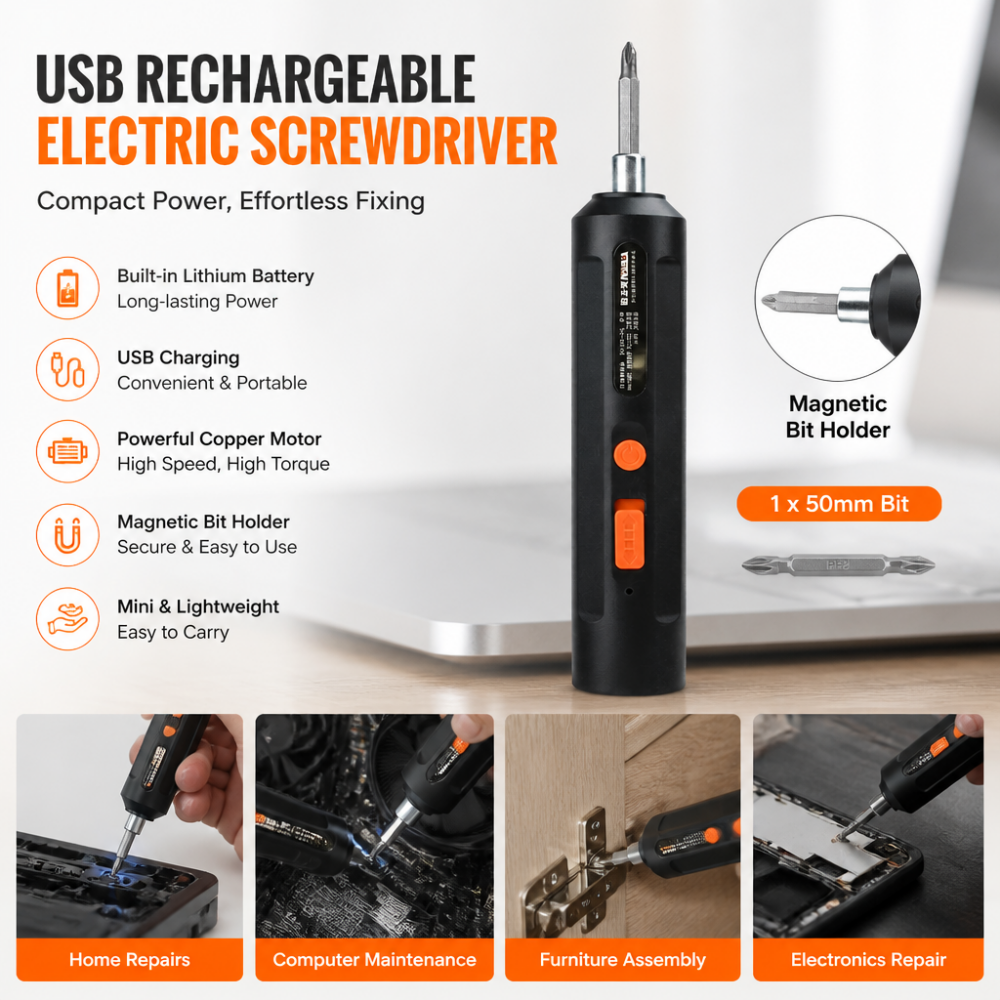 USB Rechargeable Electric Screwdriver – Cordless Power Tool for Fast Drilling & Screwdriving