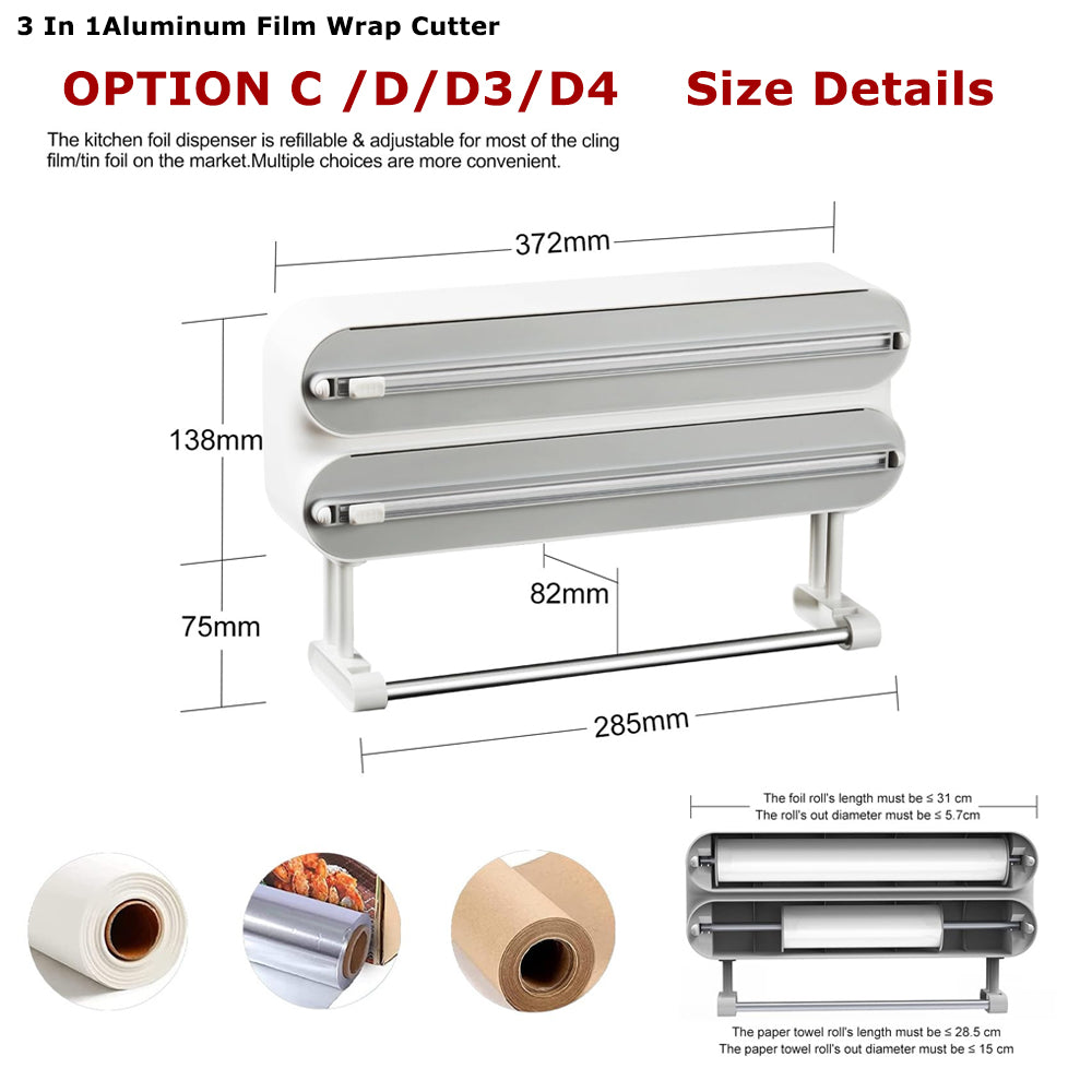 3-in-1 Wall-Mounted Wrap Dispenser – Cling Film, Foil & Paper Towel Holder with Cutter