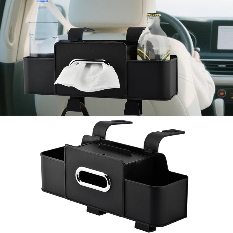 Car Back Seat Organizer – 2 Cup Holders, Tissue Box & Multi-Pocket Storage | Travel & Family Car Essentials